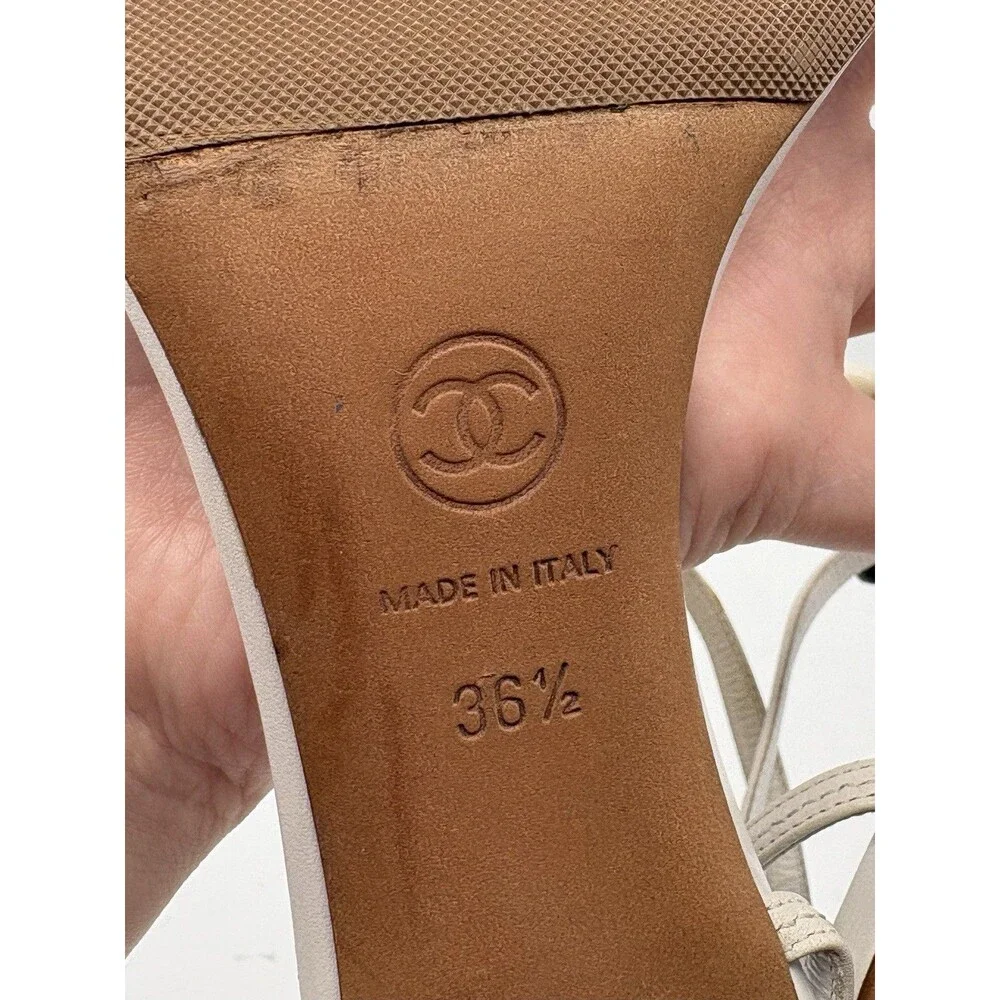 Chanel White Leather T Strap Sandals Beaded Accent CC Logo Vintage Size EU 36.5